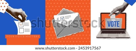 Ballot box voting, online vote, mail polling square banners set. Halftone collage banners collection with hands. Vector poster concepts for web. Trendy vintage vector illustration.