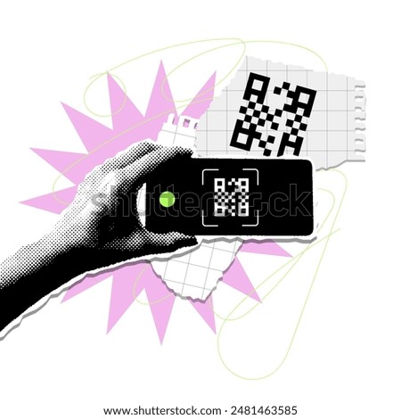 Female hand holding phone with qr code in a vintage grunge halftone collage style and scraps of torn paper on the background. Banner trendy retro Y2K design with torn pieces of paper notes. Vector