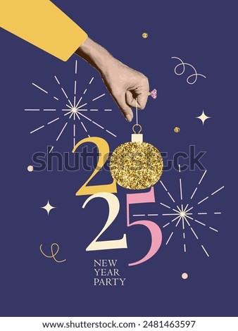 Vertical halftone collage for 2025 New year party. Female hand holding glittering Christmas tree toy. Vector illustration for greeting card, invitation, web banner, social media banner