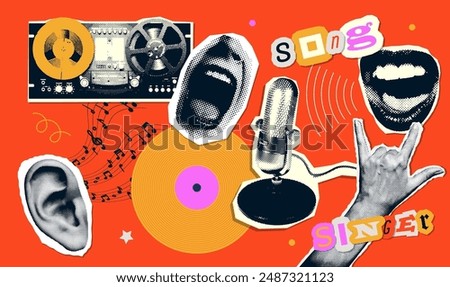 Retro music set with torn put paper halftone dotted collage elements set - audio reel-to-reel tape recorder, vintage microphone, singing mouth, vinyl record and rock gesture hand. Vector illustration.