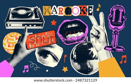 A set of halftone stickers torn from newspapers on the theme of singing in a karaoke club. Vinyl player, singing mouth, hand with notes, disco ball. Vector illustration.