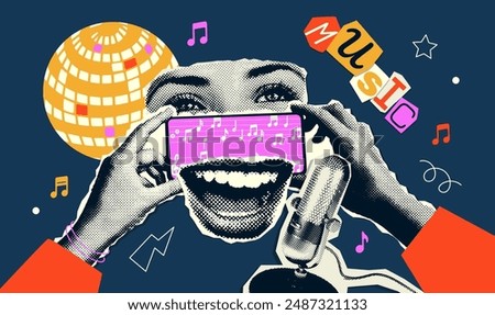 Karaoke party horizontal banner template with grunge halftone collage elements - hand with phone, retro microphone, smiling eyes and singing mouth. Vector paper mixed art illustration.