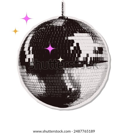 Disco ball halftone collage element. Vector Silver disco ball on a transparent background. Abstract dotted torn out paper party globe.