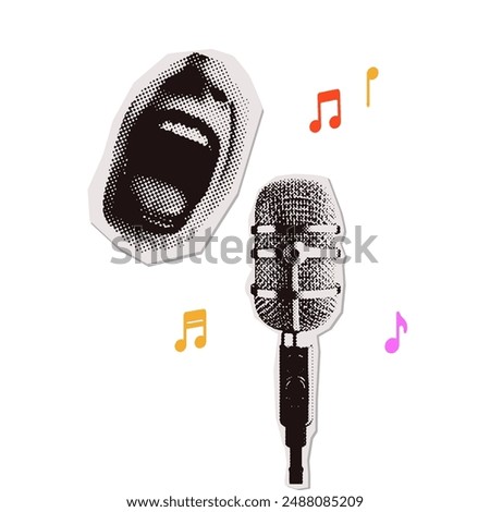 Retro music collage with simple composition of stage microphone and yelling lips in halftone. Vector torn out paper stickers.