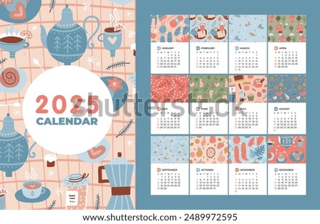 2025 calendar template set with 12 months pages and cover. Paper sheets with colorful cozy seasons elements patterns in flat hand drawn style. Week starts on Sunday. Vector