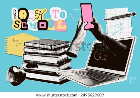 Back to school trendy halftone collage elements set with doodles and cutout zine lettering. Books stack, laptop, apple, hands holding phone, stationery. Concept of learning, knowledge. Isolated vector