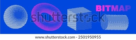 Bitmap pixelated simple 3d shapes set. Dither halftone geometric object collection. Pixelated sphere, ring, cube, cylinder elements for 80s banner, poster, leaflet. Pixel effect Vector illustration.