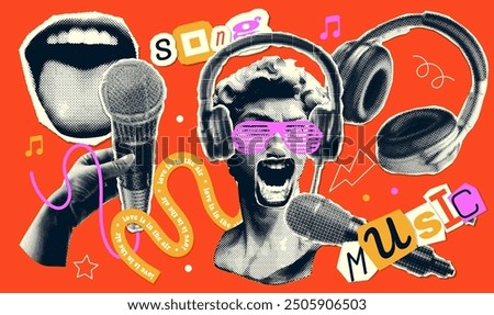 Collage of trendy halftone elements, 90s music, retro nostalgia. trendy Y2K elements with antique statue singing in mike. Paper torn out stickers. Vector illustration.