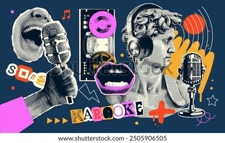 Pop art halftone collage with antique statue in headphones and grunge singer paper elements. Retro composition. Club party poster, podcast, magazine. Y2K, 80s, 90s style. Psychedelic, surreal art.