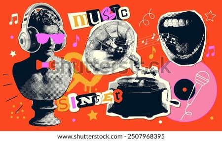 Pop art halftone collage with antique statue in headphones, retro gramophone and vintage singer paper elements. Club party poster, magazine. 80s, 90s Psychedelic, surreal art. Vector stickers set