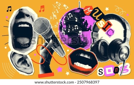 Trendy set of halftone paper stickers torn from newspapers on the theme of singing in a karaoke club, retro party. Headphones, singing mouth, hand with mike, disco ball. Vector illustration.