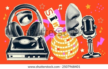 Retro groovy music collage elements set with mouth singing to microphone in halftone paper style, eye, retro mike and record player. Vintage vector stickers collection.