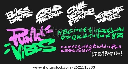 Youthful grungy brush font with skater quotes for t-shirt design, simple and cool typography design with modern style. Vector letters set