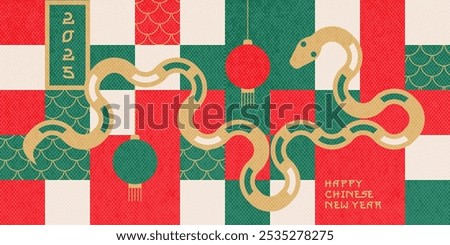 Chinese New Year 2025 modern art design in red, gold, green and white colors for cover, card, poster, banner. Chinese zodiac Snake symbol with lanterns. Vector illustration in tile style.