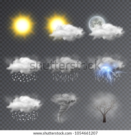 Realistic weather icons set, modern forecast widget. Vector illustration isolated on transparent background.