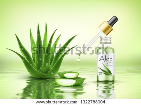 Aloe vera plant with fresh drops and dropper glass bottle. Collagen serum package mockup. Beauty cosmetics  product ads poster template. Realistic 3d vector illustration on water ripple background