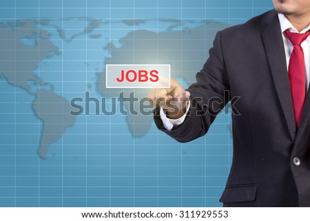 Businessman hand touching JOBS sign on virtual screen - job searching concept