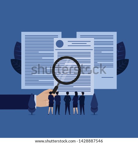Business team see documents with magnify metaphor of terms and condition. Illustration For Wallpaper, Banner, Background, Book Illustration, And Web Landing Page.