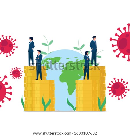 Business flat vector concept people standing on coins stack to save the world from corona virus. Illustration For Wallpaper, Banner, Background, Infographic, Book, And Web Landing Page.