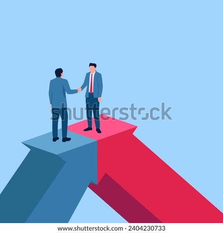 people shake hands over opposite arrows and meet at one point, a business collaboration metaphor. Simple flat conceptual illustration. drain