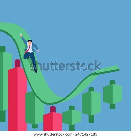 A man glides over a stock candlestick that goes up and down, an illustration of instability.