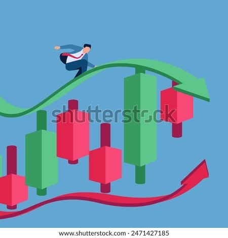 A man glides over a stock candlestick that goes up and down, an illustration of instability.