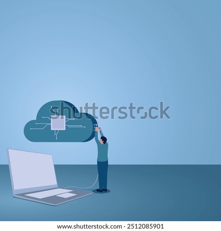 A man plugs a laptop's usb cable into cloud storage, illustration for cloud computing.