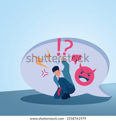 A man holds up a chat bubble filled with angry and mocking emoji. Illustration for bullying, violence and seniority.