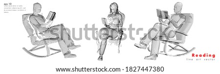 Reading man and woman sitting in comfy hanging chair vector line illustration. Set of vector concept book reading art