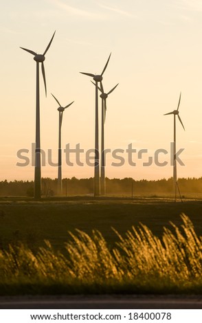 wind farm turbines generators rows at dusk
