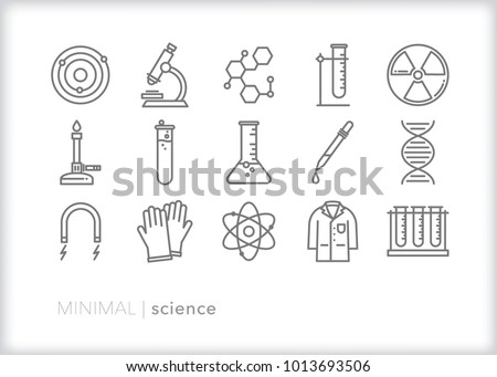 Set of 15 minimal science icons relations to chemistry, biology and research with items commonly found in a lab including test tubes, microscope, beaker, magnet and DNA helix
