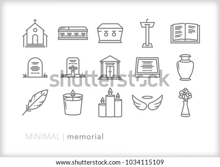 Set of 15 minimal memorial, funeral and remembrance icons representing church, coffin, grave, mausoleum, prayer and farewell