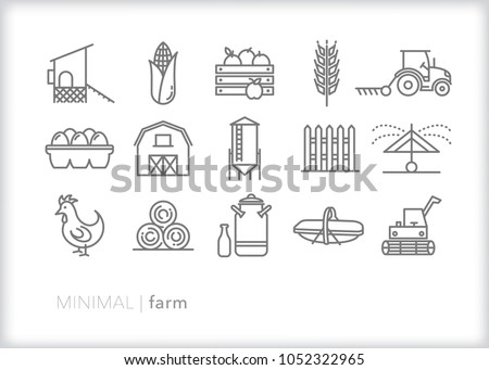 Set of 15 minimal farm icons showing items seen around a rural family farm such as chicken, coop, fence, barn, silo, milk jug, combine, tractor, harvester, sprinkler, eggs and produce