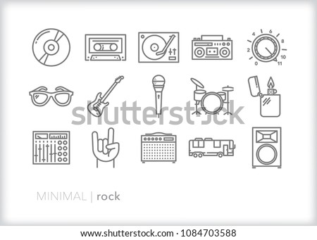 Set of 15 minimal rock music icons including old school CD, tap, turntable and boombox as well as instruments, drums, guitar, mic, lighter, amp, speaker and luxury RV