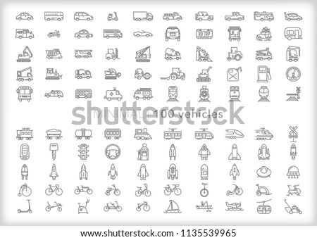 Set of 100 vehicle icons for driving, commuting, hauling and transportation including cars, trucks, trains, rail, train, construction, bicycles, boats and gas station items