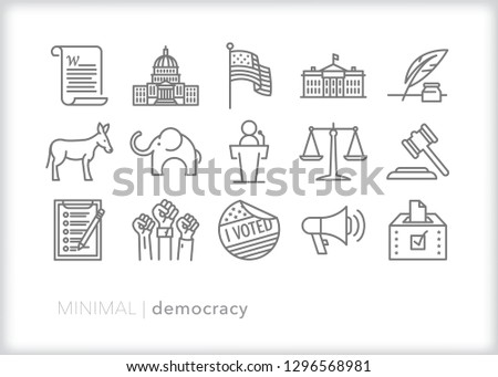 Set of 15 gray american democracy icons with themes of government and politics, judicial, congressional, and presidential items such as ballots, constitution, flag and scales of justice