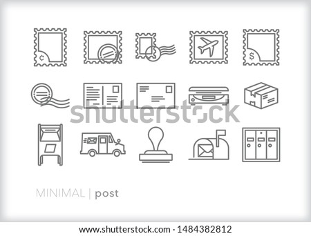 Set of 15 post line icons for mailing letters, postcards and packages with stamps