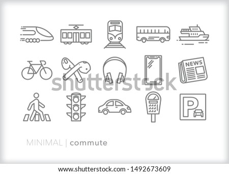 Set of 15 commute line icons for getting to work by foot, bicycle, car, bus, train or ferry Stock foto © 