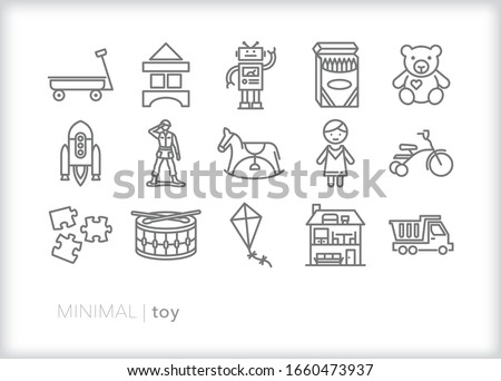 Set of 15 toy line icons for toddlers, children, boys and girls to play and learn at home, at a nursery, at school and with other kids