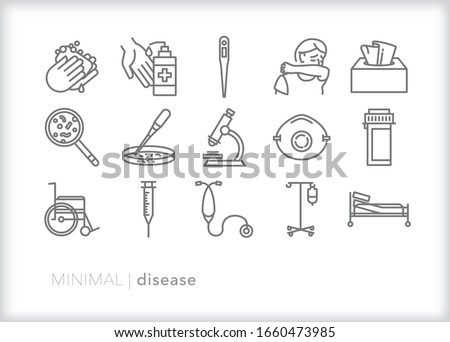 Set of 15 disease line icons for spreading and containing cold and flu, developing a vaccine, researching cures and healing patients in a hospital or doctors office