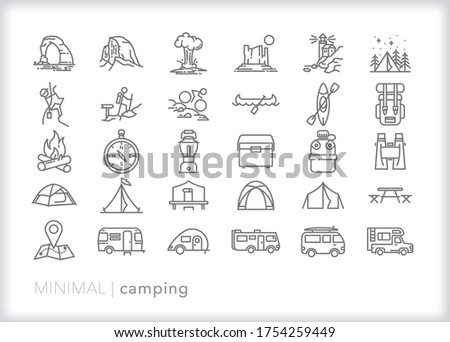 Set of camping line icons for vacationing by ten or RV in the great outdoors