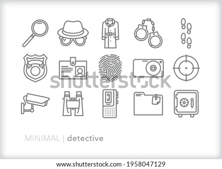Detective and spy icon set of looking for clues, tracking criminals and solving crimes
