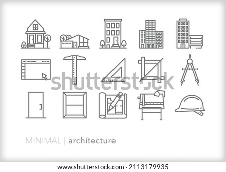 Set of architecture line icons of the tools an architect would use to design and build residential and commercial buildings