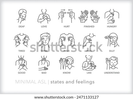 Set of line icons depicting American Sign Language (ASL) communication for word and phrases that depict states and feelings