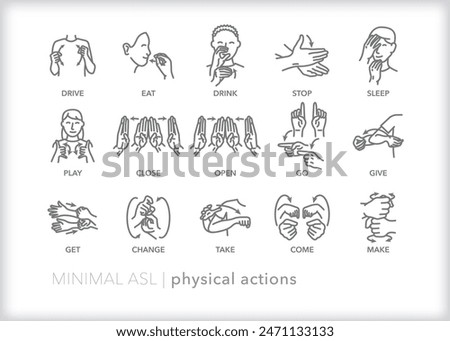 Set of line icons depicting American Sign Language (ASL) communication for physical actions words and phrases