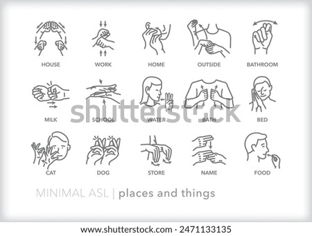 Set of line icons depicting American Sign Language (ASL) communication for places and things