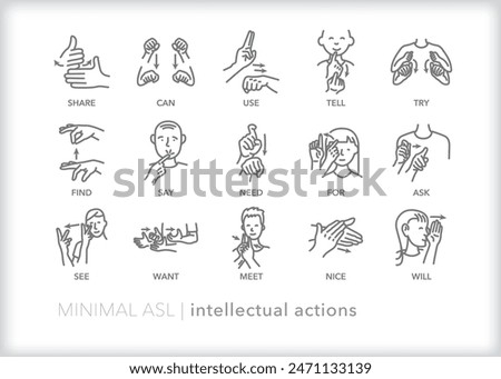 Set of line icons depicting American Sign Language (ASL) communication for intellectual actions words and phrases