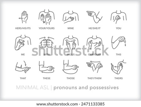 Set of line icons depicting American Sign Language (ASL) communication for pronouns and possessives