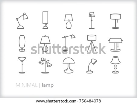 Set of 15 minimal lamp icons for home or office including desk, standing, tripod, retro, shade, adjustable and floor lamps