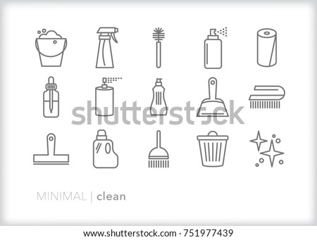 Set of 15 minimal clean icons for household tidying up, scrubbing and disinfecting including items such as bucket, soap, brush, spray bottle, paper towels, essential oil, trash can and dust pan